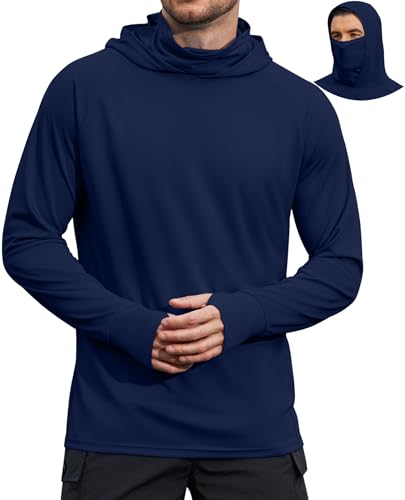 COOFANDY Mens UPF 50+ Sun Protection Hoodie with Mask Lightweight Long Sleeve SPF Fishing Shirts UV Hiking Running Rash Guard - color: Navy Blue, size: Small