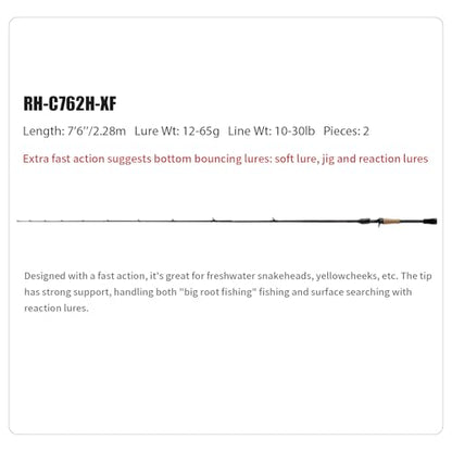 PURELURE Sharpen Fishing Rod 6'5''-9'2'' Spinning & Casting Rod L/ML/M/MH/H | M40JB+T1100G Carbon Fiber Blank, XF/MF Action Fishing Pole 2 Piece, Carbon Reel Seat Cork and EVA Handle, Fuji Guides - style: Casting: C762h-xf-2pcs
