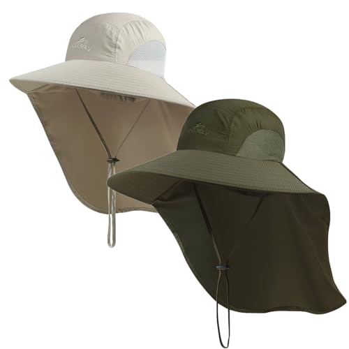 Outdoor Sun Hat for Men with 50+ UPF Protection Safari Cap Wide Brim Fishing Hat with Neck Flap, for Dad… - color: Light Grey*army Green
