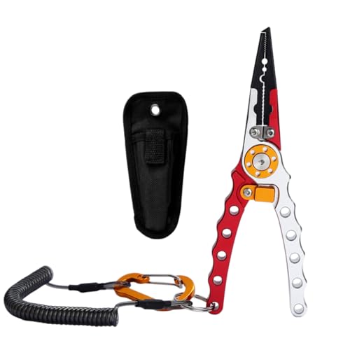 Fishing Pliers with Sheath and Lanyard, 5.8" Aluminum Alloy Hook Remover & Line Cutter, Saltwater Braided Line Cutters for Boat, Fly & Ice Fishing, Split Ring Pliers Tool (red and silver) - color: Red and Silver