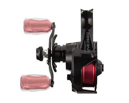 13 Fishing - Descent Aluminum - Inline Ice Fishing Reel - 2.7:1 Gear Ratio - Left Hand Retrieve (Aluminum Spool Gen 2 Design) - D2AL-2.7-LH, Black/Red