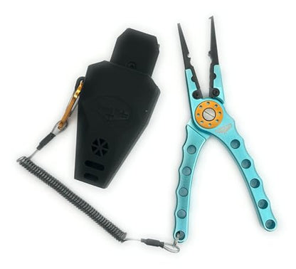 Fishing Pliers and Holster Case with Lanyard, Corrosion Resistant, Hook remover, Crimper, Aircraft Aluminum, 8 Inch Needle Nose, Stainless Steel Line Cutter, Braid Cutter, Blue, Boat Trix Branded
