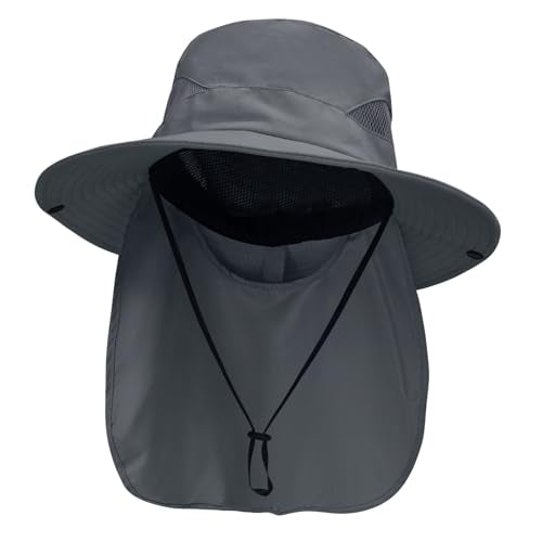 NPJY Sun Fishing Hats with Neck Flap for Men Women UV Sun Protection Safari Hat Wide Brim Bucket Hat - color: Pure Darkgray(with Neck Flap)