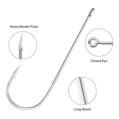 60pcs Aberdeen Sea Fishing Hooks, Large Barbed Aberdeen Hooks, Long Shank and Wide Gape Size 1#, 1/0, 2/0, 3/0, Light Fishing Hooks High Carbon Steel (60 Pcs, Mixed)
