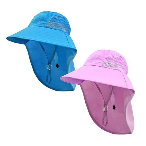 Rosoz Kids Sun Hat with Neck Flap UV Protection Summer Toddler Beach Hat Unisex Ponytail Hat Wide Brim Fishing Hat - color: 2pack-blue+purple