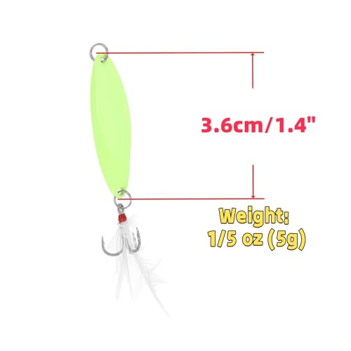 Fishing Spoons Fishing Lures Hard Metal Spinner Baits Glow in The Dark Casting Spoon Treble Hooks Jigs for Freshwater Saltwater，5 PCS with Box - size: 1/5oz