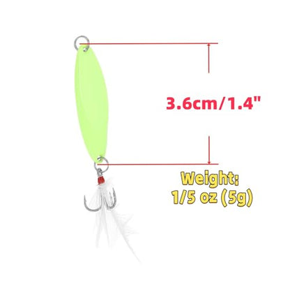 Fishing Spoons Fishing Lures Hard Metal Spinner Baits Glow in The Dark Casting Spoon Treble Hooks Jigs for Freshwater Saltwater，5 PCS with Box - size: 1/5oz