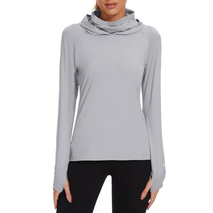BASSDASH Women’s UPF 50+ Hoodie Shirt with Breathable Face Mask - color: Light Grey, size: XX-Large