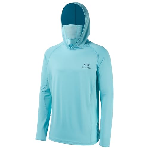 BASSDASH UPF 50+ Men’s Long Sleeve Fishing Shirt with Mask UV Neck Gaiter Hoodie - color: Turquoise, size: 5X-Large