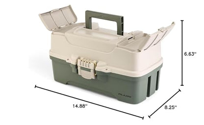 Plano Three-Tray Tackle Box Bass Kit, Tan/Green, Rust-Proof Brass Latch, Top-Access Tray Compartments with Deep Storage, Made in the USA, Portable Fishing Gear Storage Organizer - style: Bass