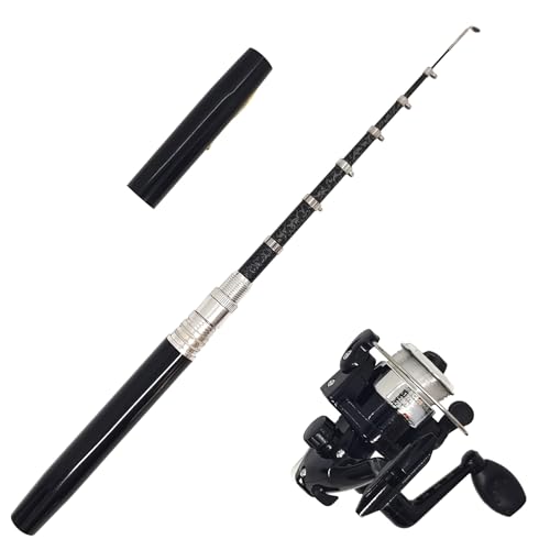 Portable Small Pen Fishing Rod Spinning Reel Combos, 38" 55" Compact Telescopic Fish Pole Kits for All Season Fishing in Rivers, Lakes, Ice, etc. - color: Black - Pen Fishing Rod and Reel, size: 55inches / 140cm