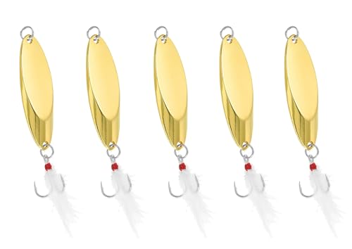 Fishing Spoons Fishing Lures Hard Metal Spinner Baits Reflective Casting Spoon Treble Hooks Jigs for Freshwater Saltwater，5 PCS with Box - color: Golden, size: 1/2oz