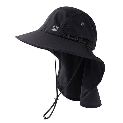 Oversized XL XXL Mens Sun Hat Big Head Neck Flap Shade Waterproof UPF50+ Wide Brim Hat Fishing Safari Hiking - color: Black, size: Medium-Large