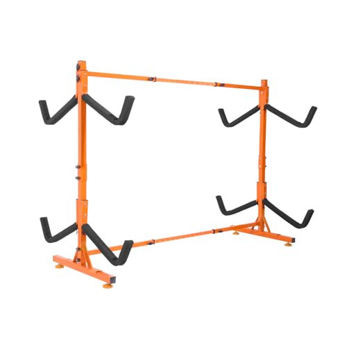 VEVOR Kayak Storage Rack, Heavy Duty Adjustable Freestanding Stand with Lockable Wheels for Indoor Outdoor Garage Shed Dock, Holder for Canoe, SUP, Surfboard & Paddleboard - style: Freestanding-4 Kayaks-orange