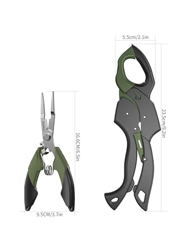 Fish Gripper 9.2",Muti-Function Line Cutter Fishing Pliers, Saltwater Fishing Tool Kit,Fishing Gear with Fishing Lanyard - color: Green