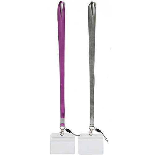 2Pack Horizontal ID Badge Holders with Neck Lanyards with Clip,Purple,Grey | Lightweight,Clear Holders,for Office etc - color: Grey&purple