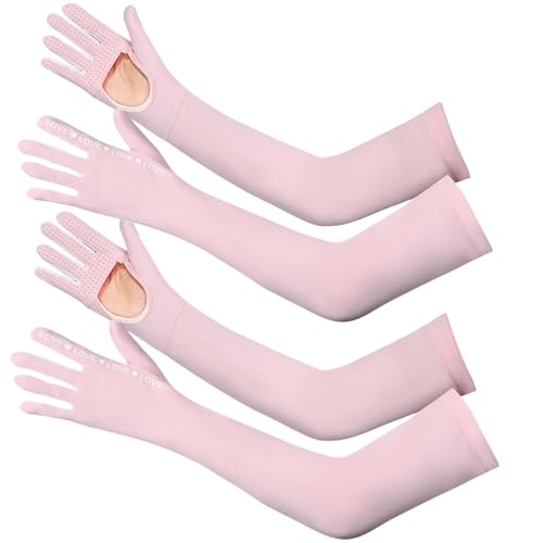 2 Pairs UV Protection Gloves Full Arm Sunblock Gloves with Ventilation Holes, Summer Sun Protection Gloves for Driving - color: 2 Pink