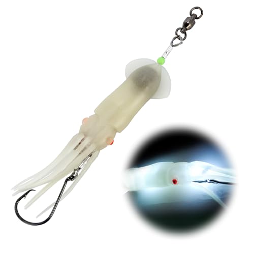 Dr.Fish Saltwater Squid Fishing Lures, 6" LED Lighted Lures 6/0 Hooks Squid Jig Rig Halibut Lincod Jig Offshore Trolling Baits Deep Drop Light Glow in Dark Mackerel Tuna Striper Lures - color: White LED, size: 6/0 Circle Hook-6"(2.5oz)