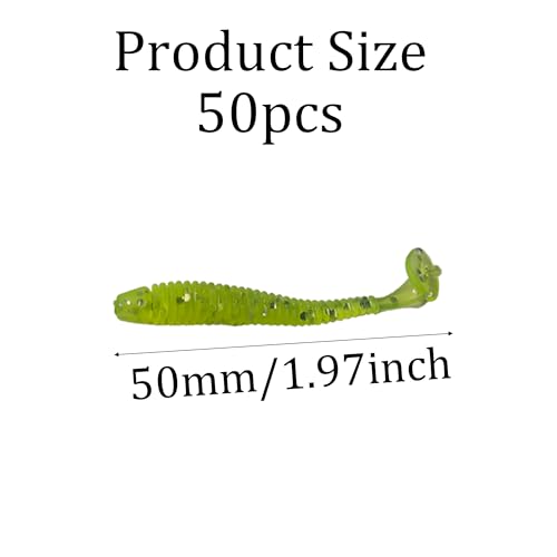 50PCS 5cm Soft Plastic Fishing Lures, PVC Paddle Tail Swimbaits for Bass Trout Walleye Crappie, T-Tail Grub Worm Baits Tackle Accessory - color: Green