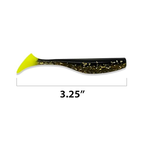 Soft Plastic Paddle Tail Swimbaits – 3 1/4", 4" & 5" Soft Plastic Fishing Lures with Extra-Large Tail for Lifelike Swimming Action – Freshwater & Saltwater - color: Gold with Chartreuse Tail, size: 3 1/4 Inch - 12 Pack