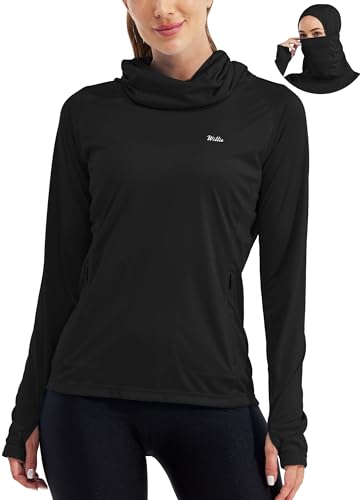 Willit Women's UPF 50+ Sun Protection Hoodie - Breathable Mesh Face Cover & Cooling Fishing Shirt with Pockets - color: Black, size: X-Large