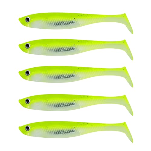 Paddle Tail Swimbait Fishing Lures for Bass Fishing | 5/6/15 Pcs Soft Plastic Lures With Paddle Tail, Pre-Rigged Jig Hook Options for Walleye, Pike & Trout Fishing - color: yellow-green