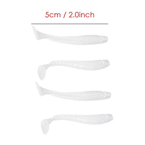 Tbest 50 Pcs 5cm Soft Fishing Lures, Plastic Fishing Bait T-Tail Grub Worm Baits Fish Tackle Accessory 9 Colors - color: White