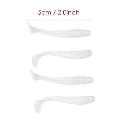 Tbest 50 Pcs 5cm Soft Fishing Lures, Plastic Fishing Bait T-Tail Grub Worm Baits Fish Tackle Accessory 9 Colors - color: White