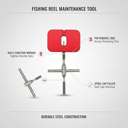 Steel Fishing Reel Maintenance Tool - Multi-Function Wrench for Pin Removal, Handle Nut Tightening & Spool Cap Pulling