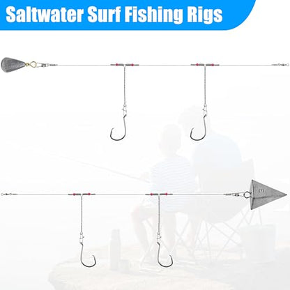 Saltwater Surf Fishing Tackle Kit - Saltwater Surf Fishing Rigs Bottom Rigs Include Fishing Leader Rigs Pyramid Sinkers Bass Casting Sinker Circle Hooks for Striped Bass Red Drum Flounder - color: Steel