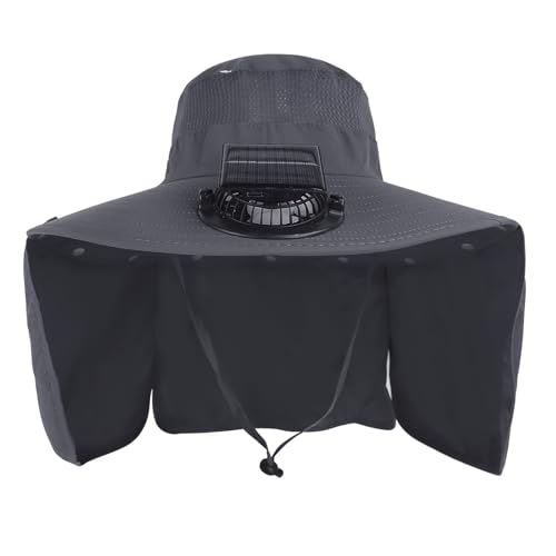 Extra Wide Brim Solar Fan Hat, Mens Fishing Hat with Fan, Neck Flap Sun Hat, UPF 50+ Solar Powered Cooling Cap Fisherman Hats - color: Deep Gray With Neck Flap