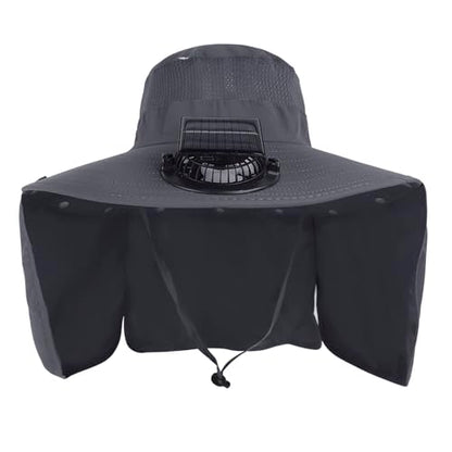 Extra Wide Brim Solar Fan Hat, Mens Fishing Hat with Fan, Neck Flap Sun Hat, UPF 50+ Solar Powered Cooling Cap Fisherman Hats - color: Deep Gray With Neck Flap