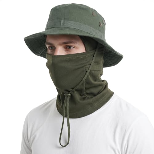 Pistha Sun Hats for Men with Balaclava Face Mask, UV Protection Bucket Hats for Mens Outdoor Fishing Safari Hiking - color: Army Green