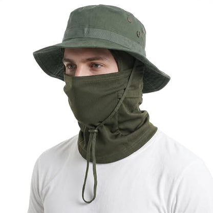 Pistha Sun Hats for Men with Balaclava Face Mask, UV Protection Bucket Hats for Mens Outdoor Fishing Safari Hiking - color: Army Green