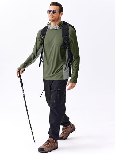 PINSPARK Men's Sun Protection Hoodie with Mask UPF 50+ UV Long Sleeve Shirt Men Rash Guard Performance Fishing Hiking Shirt - color: Army Green, size: Medium