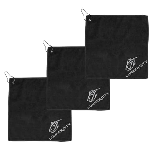 Lunker City Fishing Microfiber Towel 3 Pack 12" x 12" with Clip, Stocking Stuffer for Fishermen, Black Hides Stains, Absorbent Quick-Dry, Lightweight & Durable for Fishing, Boating, and Outdoor Use