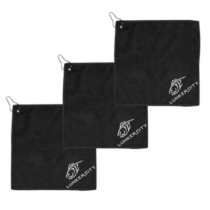 Lunker City Fishing Microfiber Towel 3 Pack 12" x 12" with Clip, Stocking Stuffer for Fishermen, Black Hides Stains, Absorbent Quick-Dry, Lightweight & Durable for Fishing, Boating, and Outdoor Use