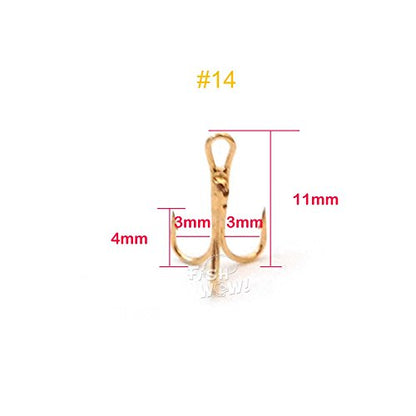 20pcs Fish WOW!® Fishing 3X Strong Treble Hooks Gold - Size #14 Tiny Size