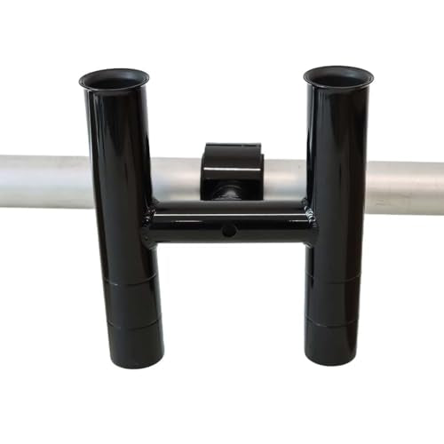 T-Top fishing Rod Holder Twin Aluminum clamp-on fit 1-1/2",1-7/8",2" inch horizontal or vertical fishing tower/leaning post/rail white black anodized (Black)