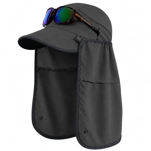 Palmyth Fishing Sun Hat with Detachable Neck Flap UPF 50+ Baseball Cap | Convertible Ventilation Panel, Sunglass Lock, Water Resistant, Foldable, Ventilation Holes, 3 Ways to Wear, Men & Women - color: Dark Grey