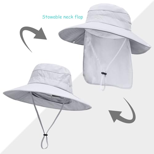 Sun Hats for Men Women, UPF50+ Protection Safari Hat,Wide Brim Fishing Hat with Neck Flap,Bucket Hats for Beach Hiking - color: Lightgrey