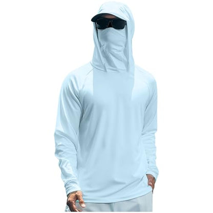Men's UPF 50+ Sun Protection Hooded Shirt with Integrated Face Cover Long Sleeve Lightweight Rash Guard Shirts - color: C203- Cyan, size: Medium