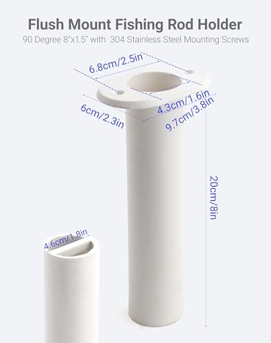 Flush Mount Fishing Rod Holder, 90 Degree UV-Protected PP Plastic (8"x1.5"), 2PCS with 4 M4 304 Stainless Steel Mounting Screws for Boats, Kayaks, Yachts - color: White