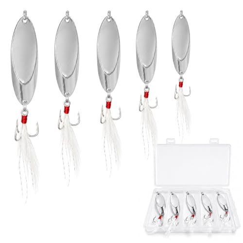 5Pcs Fishing Lures Fishing Spoons,Metal Fishing Spoons Lure with Feather Treble Hooks, Casting Spinner Baits for Trout Bass Salmon Freshwater Saltwater Fishing - color: 5PCS(Silver )