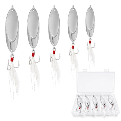 5Pcs Fishing Lures Fishing Spoons,Metal Fishing Spoons Lure with Feather Treble Hooks, Casting Spinner Baits for Trout Bass Salmon Freshwater Saltwater Fishing - color: 5PCS(Silver )