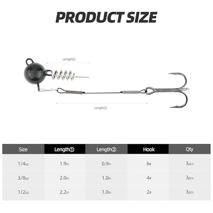 Fishing Rig with Weighted Jig Head and Treble Hook – Screw Lock Bait Keeper for Soft Lures, 3PCS Pack for Saltwater and Freshwater Fishing - size: 1/4oz, style: Single