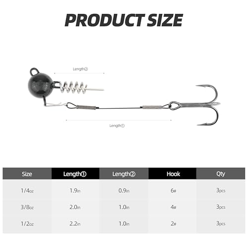 Fishing Rig with Weighted Jig Head and Treble Hook – Screw Lock Bait Keeper for Soft Lures, 3PCS Pack for Saltwater and Freshwater Fishing - size: 3/8oz, style: Single