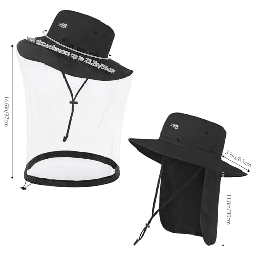 BASSDASH UPF 50+ Mosquito Sun Hat with Hidden Head Net and Neck Flap for Men Women Outdoor Fishing Hiking Camping - color: Black