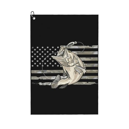 Camo American Flag Bass Fishing Microfiber Golf Towel, 16x24 Waffle Pattern with Carabiner Clip, Tri-Fold Large Golf Ball Towels, Golf Bag Accessories for Men Women, Golf Gift