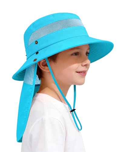 Century Star Kids Sun Hat with Detachable Neck Flap,UPF 50+ Windproof Waterproof Beach Bucket Hat Outdoor Fishing Safari - color: Sky Blue